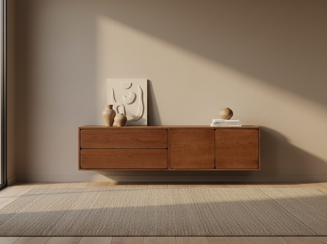 Mueble TV Flotante Penxat 160 con nogal en ambiente de estilo nórdico