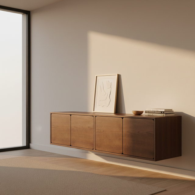 Mueble TV Flotante Penxat 160 Natural - 4 Puertas con nogal, madera natural en ambiente de estilo nórdico