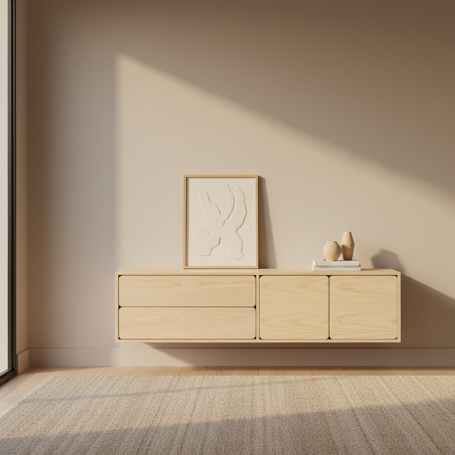 Mueble TV Flotante Penxat 160 con madera natural en ambiente de estilo nórdico