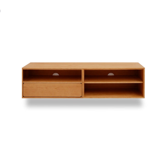 Vista frontal Mueble TV Penxat 160 cm Personalizado Roble Natural 1 cajón 2 baldas colgado pared Slowdeco