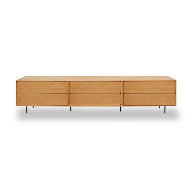 Mueble de TV de 240cm personalizado Roble Natural Cajones Extraíbles / Cajones Extraíbles / Cajones Extraíbles Apoyado sobre patas de acero Slowdeco