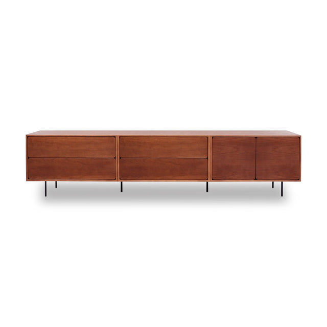 Mueble de TV de 240cm personalizado Nogal Cajones Extraíbles / Cajones Extraíbles / Puerta Abatible Apoyado sobre patas de acero Slowdeco