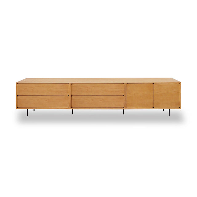 Mueble de TV de 240cm personalizado Roble Natural Cajones Extraíbles / Cajones Extraíbles / Puerta Abatible Apoyado sobre patas de acero Slowdeco