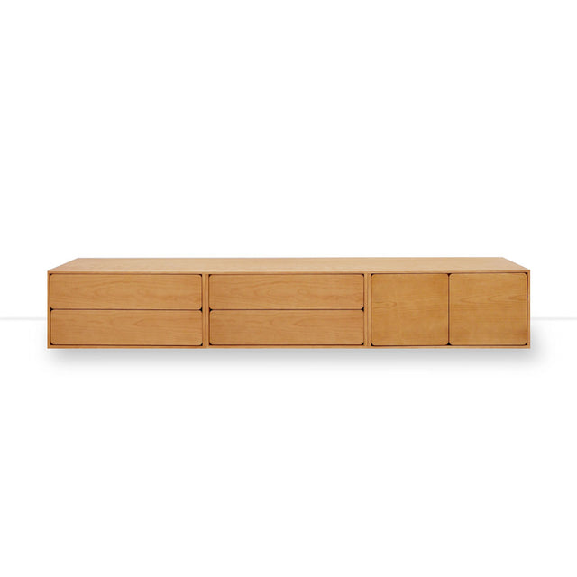 Mueble de TV de 240cm personalizado Roble Natural Cajones Extraíbles / Cajones Extraíbles / Puerta Abatible Apoyado a suelo-con niveladores Slowdeco