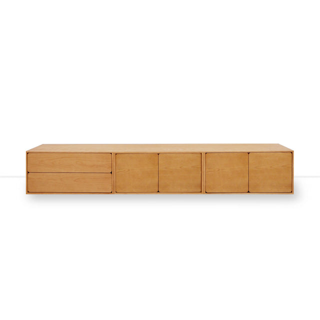 Mueble de TV de 240cm personalizado Roble Natural Cajones Extraíbles / Puerta Abatible / Puerta Abatible Apoyado a suelo-con niveladores Slowdeco