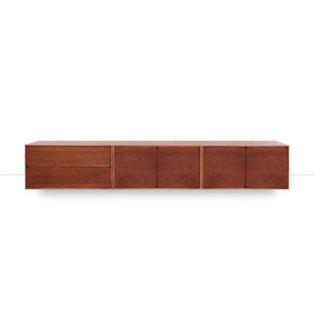 Mueble de TV de 240cm personalizado Nogal Cajones Extraíbles / Puerta Abatible / Puerta Abatible Apoyado a suelo-con niveladores Slowdeco