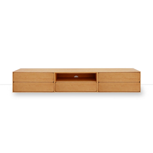 Mueble de TV de 240cm personalizado Roble Natural Cajones Extraíbles / Cajón Extraible / Cajones Extraíbles Apoyado a suelo-con niveladores Slowdeco