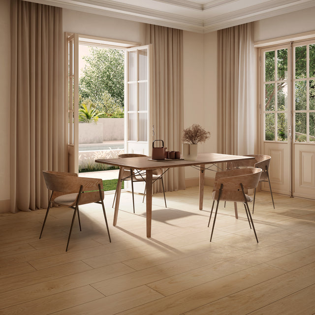 Mesa de comedor rectangular Lujan 180 cm Roble lavado, en ambiente de comedor desde otro ángulo
