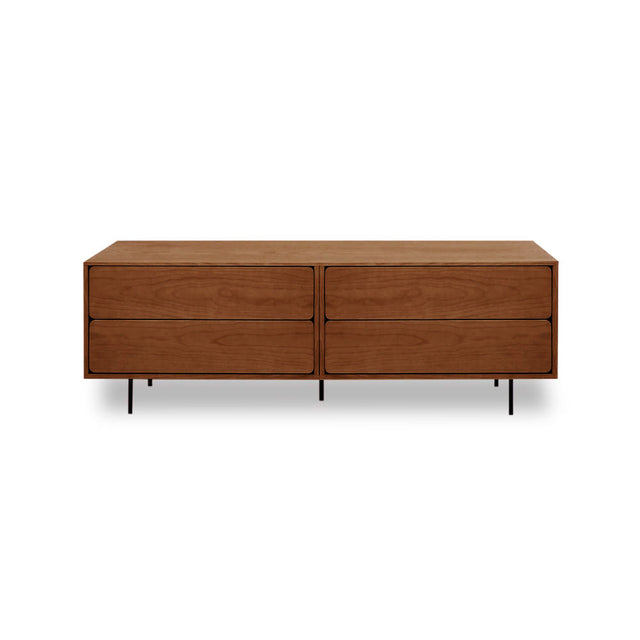 Mueble TV Flotante Penxat 160 4 cajones con nogal, estructura metálica vista frontal de estilo nórdico