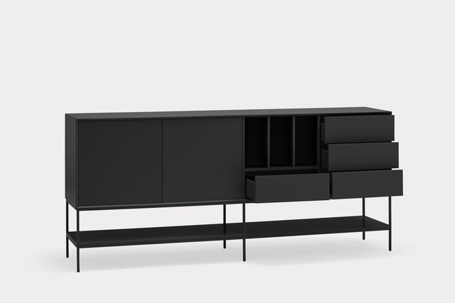 Aparador Platt 220 Negro con acabado negro, acabado gris en ambiente de estilo nórdico