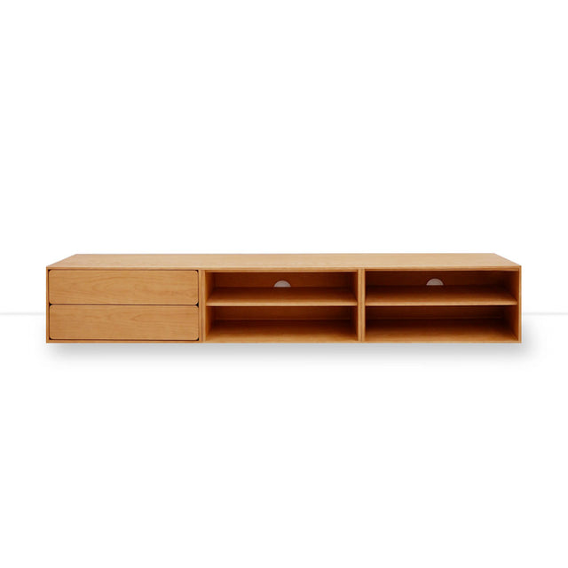 Mueble de TV de 240cm personalizado Roble Natural Cajones Extraíbles / Sin Puerta / Sin Puerta Apoyado a suelo-con niveladores Slowdeco