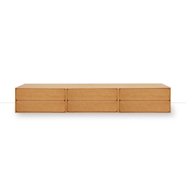 Mueble de TV de 240cm personalizado Roble Natural Cajones Extraíbles / Cajones Extraíbles / Cajones Extraíbles Apoyado a suelo-con niveladores Slowdeco
