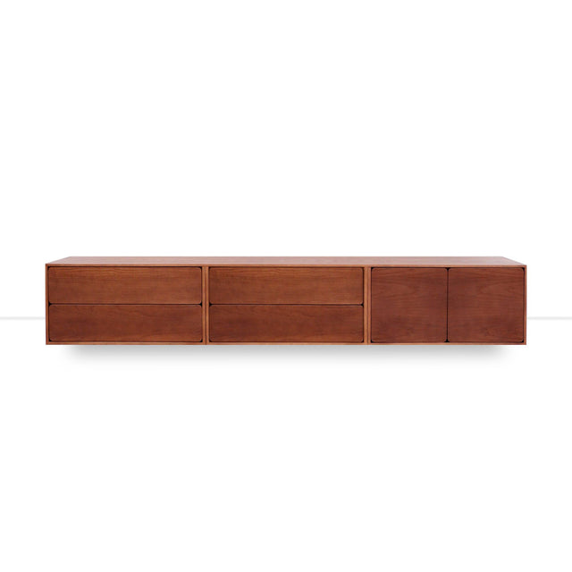 Mueble de TV de 240cm personalizado Nogal Cajones Extraíbles / Cajones Extraíbles / Puerta Abatible Apoyado a suelo-con niveladores Slowdeco