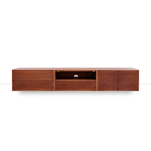 Mueble de TV de 240cm personalizado Nogal Cajones Extraíbles / Cajón Extraible / Puerta Abatible Apoyado a suelo-con niveladores Slowdeco