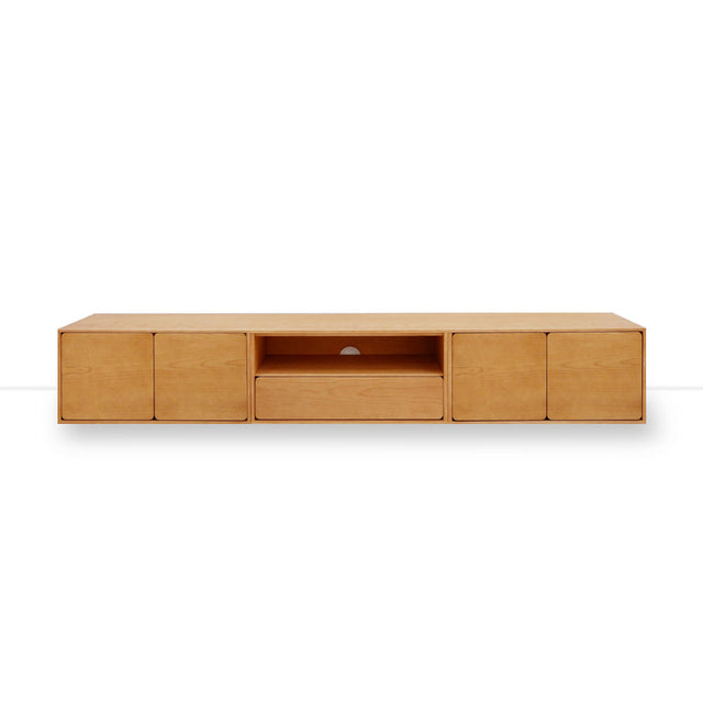 Mueble de TV de 240cm personalizado Roble Natural Puerta Abatible / Cajón Extraible / Puerta Abatible Apoyado a suelo-con niveladores Slowdeco